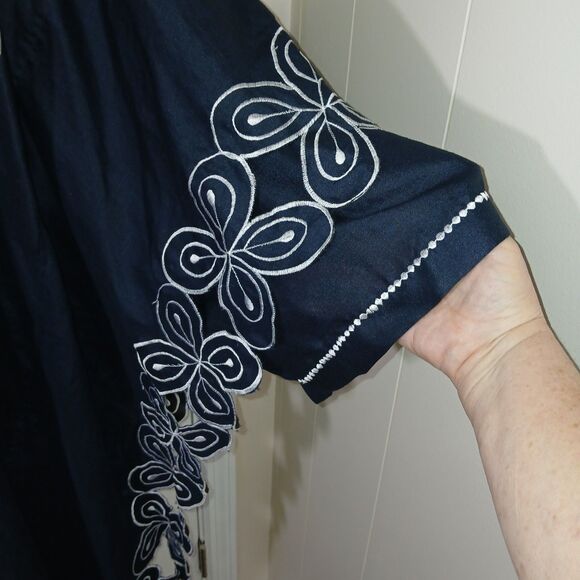 Vintage Ashanti Women Dark Blue African 100% Linen Kimono Kaftan Embroidered OS - Picture 10 of 16